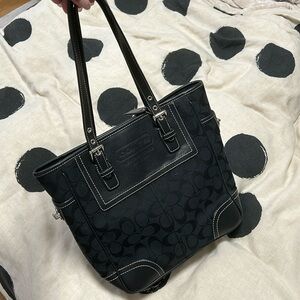 COACH Legacy Signature Black Canvas Leather Trim Turnlock Zipper Tote Bag